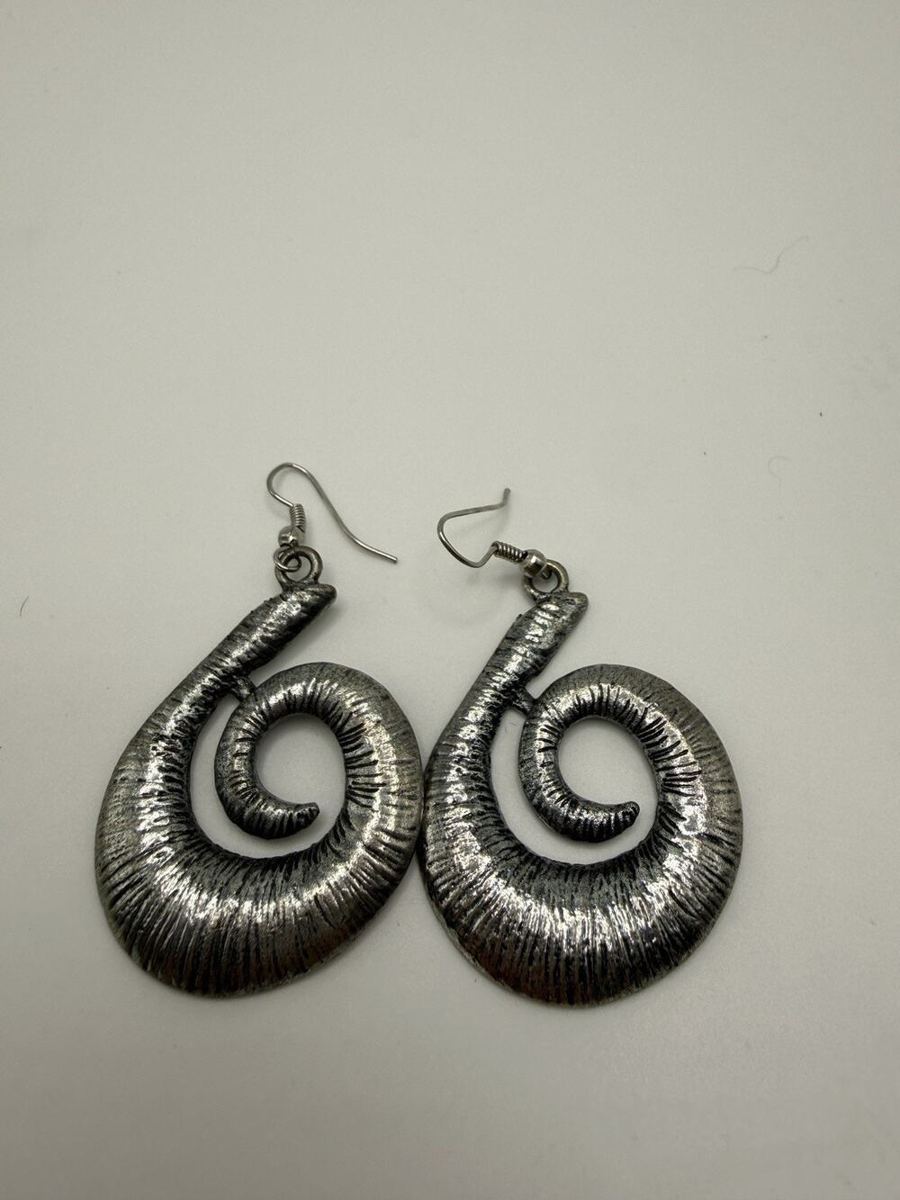 Vintage Earrings Silver Ear Hook Swirl Abstract Statement Bold Dangle